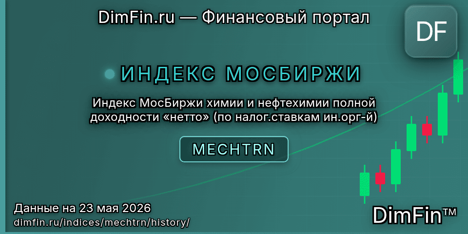 Исторические данные Индекс МосБиржи химии и нефтехимии полной доходности «нетто» (по налог.ставкам ин.орг-й) (MECHTRN) — графики и котировки Исторические данные Индекс МосБиржи химии и нефтехимии полной доходности «нетто» (по налог.ставкам ин.орг-й) (MECHTRN) — графики и котировки