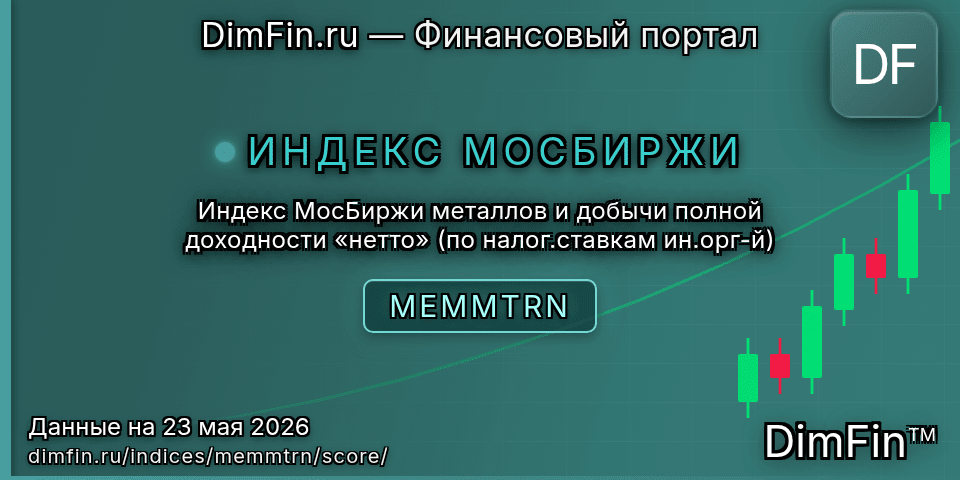 DimFin Score Индекс МосБиржи металлов и добычи полной доходности «нетто» (по налог.ставкам ин.орг-й) (MEMMTRN) — рейтинг и оценка DimFin Score Индекс МосБиржи металлов и добычи полной доходности «нетто» (по налог.ставкам ин.орг-й) (MEMMTRN) — рейтинг и оценка