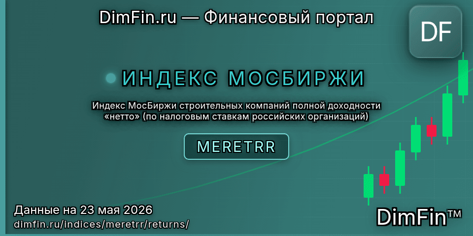 Доходность Индекс МосБиржи строительных компаний полной доходности «нетто» (по налоговым ставкам российских организаций) (MERETRR) — статистика по периодам Доходность Индекс МосБиржи строительных компаний полной доходности «нетто» (по налоговым ставкам российских организаций) (MERETRR) — статистика по периодам