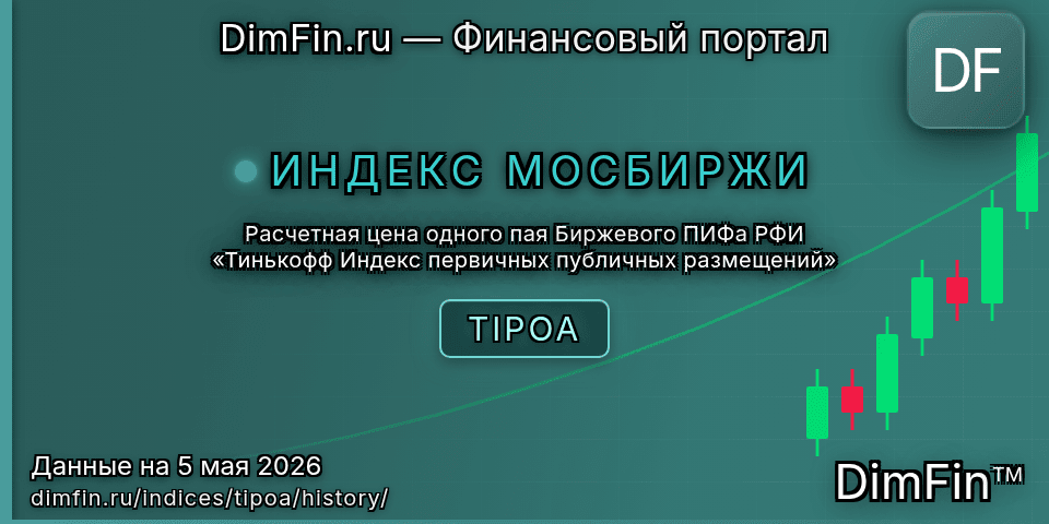 Исторические данные Расчетная цена одного пая Биржевого ПИФа РФИ «Тинькофф Индекс первичных публичных размещений» (TIPOA) — графики и котировки Исторические данные Расчетная цена одного пая Биржевого ПИФа РФИ «Тинькофф Индекс первичных публичных размещений» (TIPOA) — графики и котировки